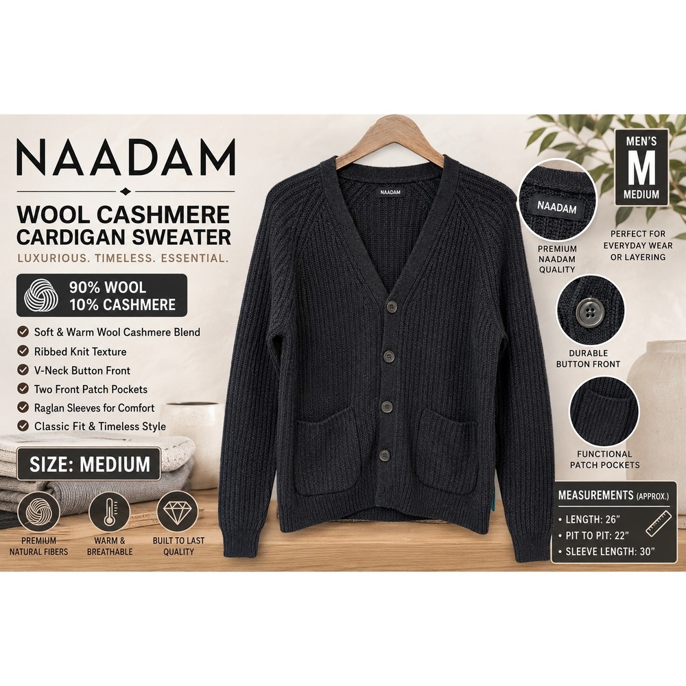 Naadam Mens Wool Cashmere Ribbed Cardigan Sweater Charcoal Gray Medium RN145136